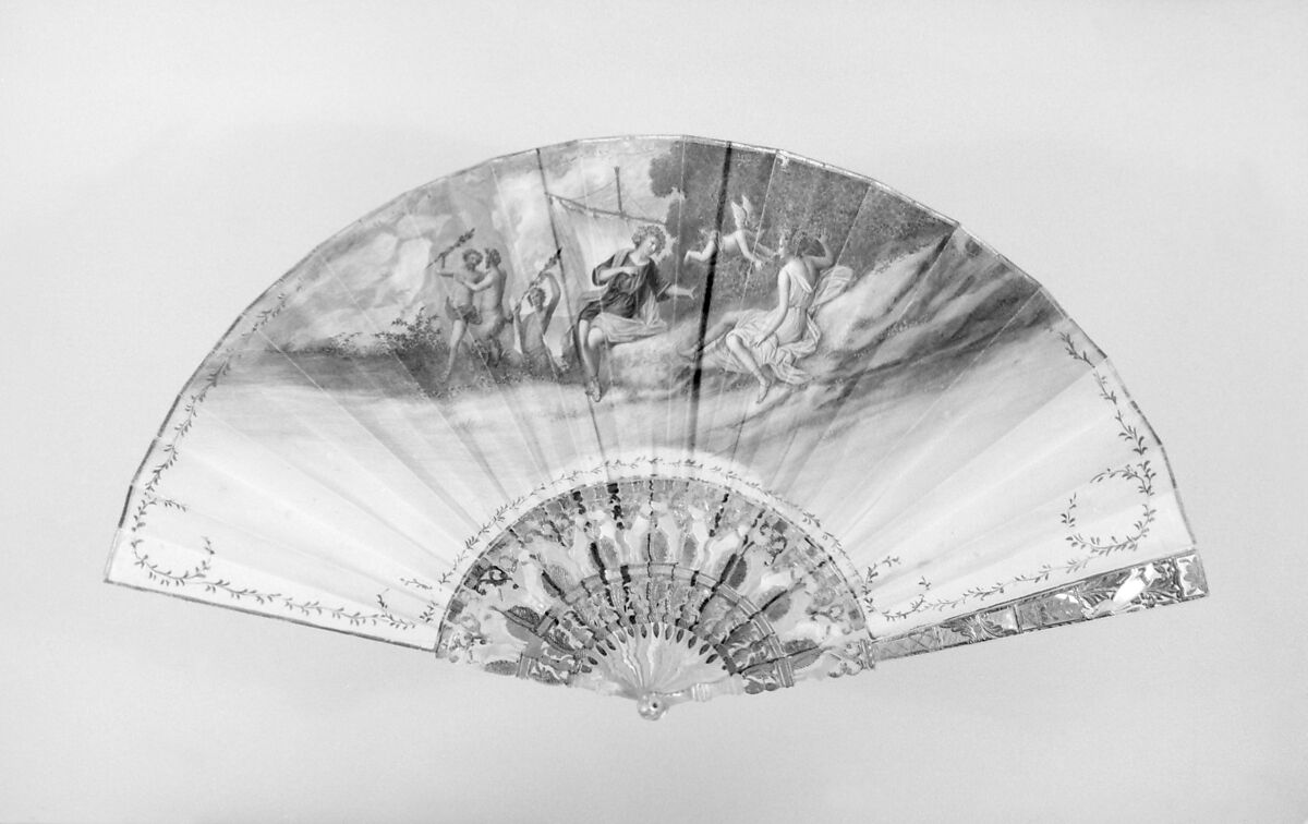 Fan, Parchment, paint, mother-of-pearl, gilt, French