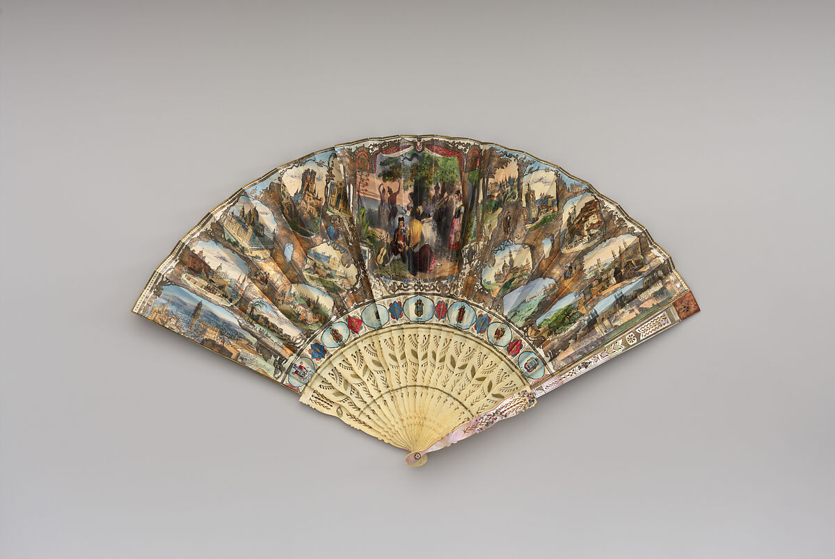 Fan, Paper, paint, gilt, ivory, mother-of-pearl, foil, glass, Spanish