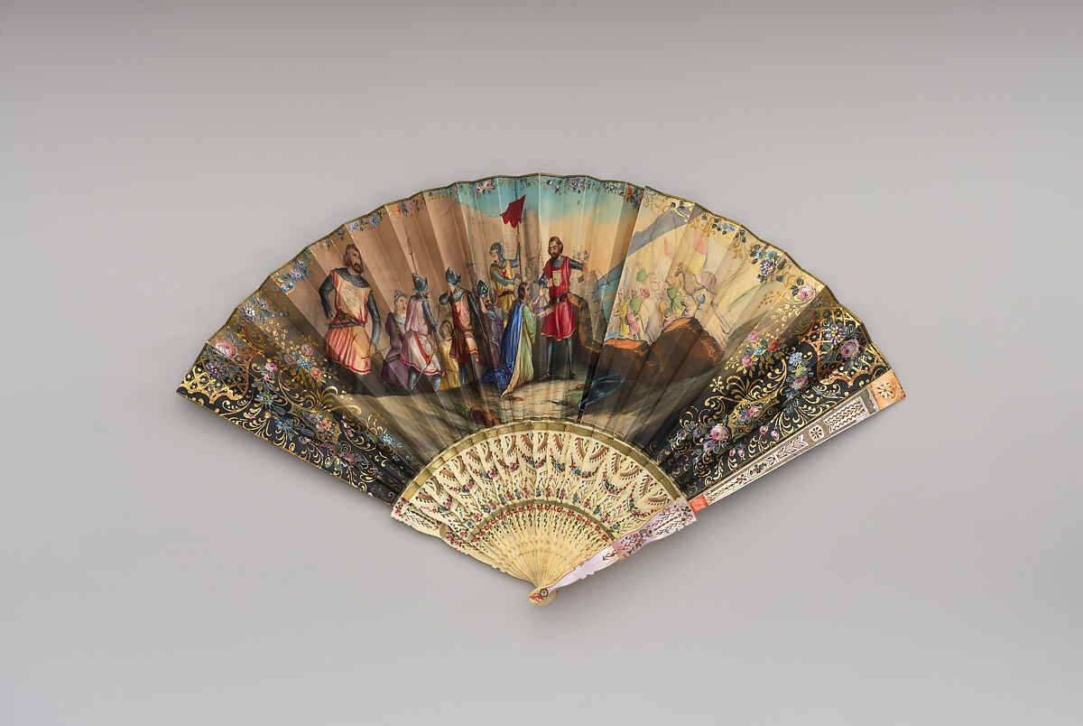 Fan, Paper, paint, gilt, ivory, mother-of-pearl, foil, glass, Spanish