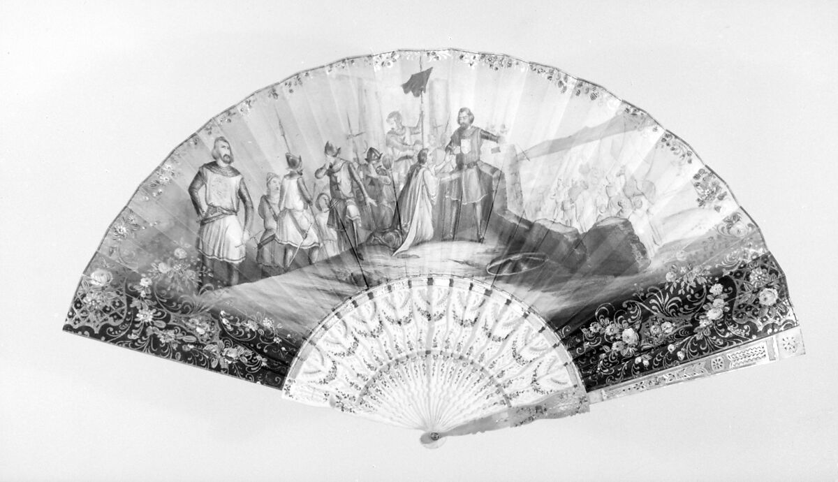 Fan, Paper, paint, gilt, ivory, mother-of-pearl, foil, glass, Spanish 