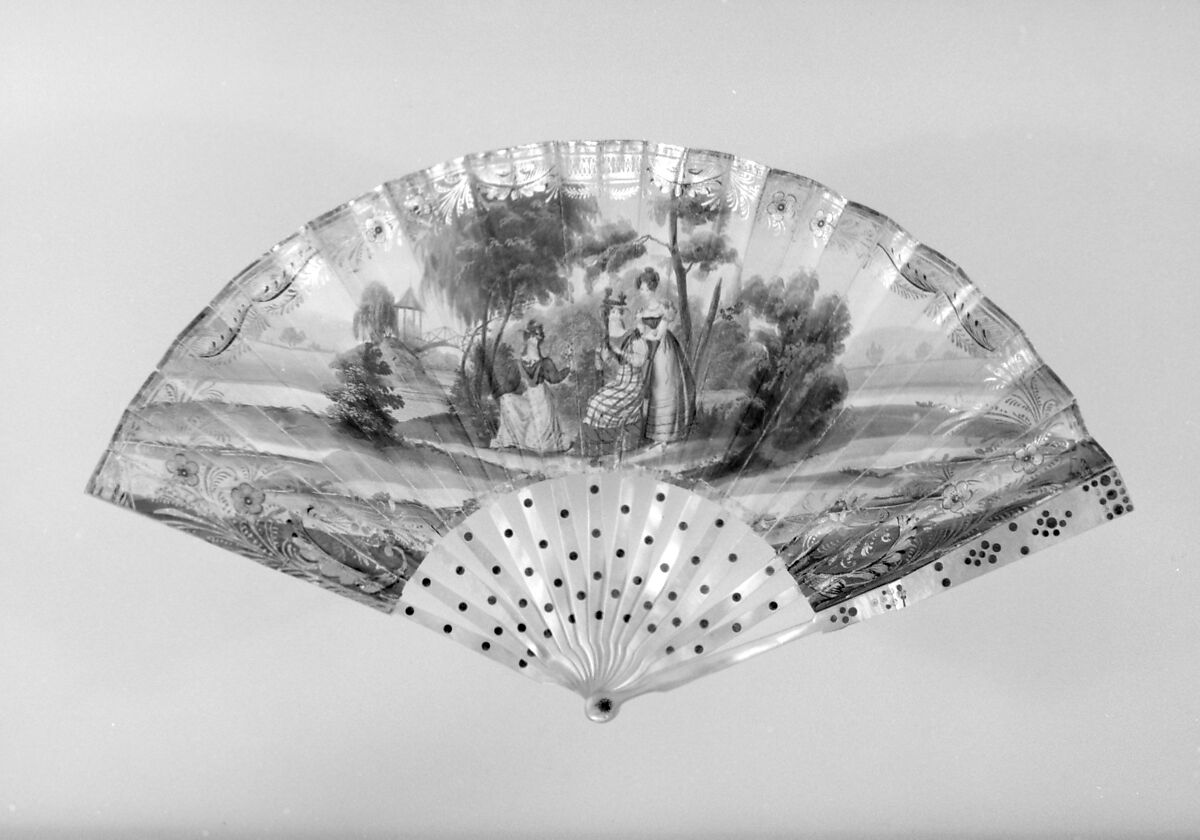 Fan, Paper, paint, gilt, mother-of-pearl, steel, glass, French 