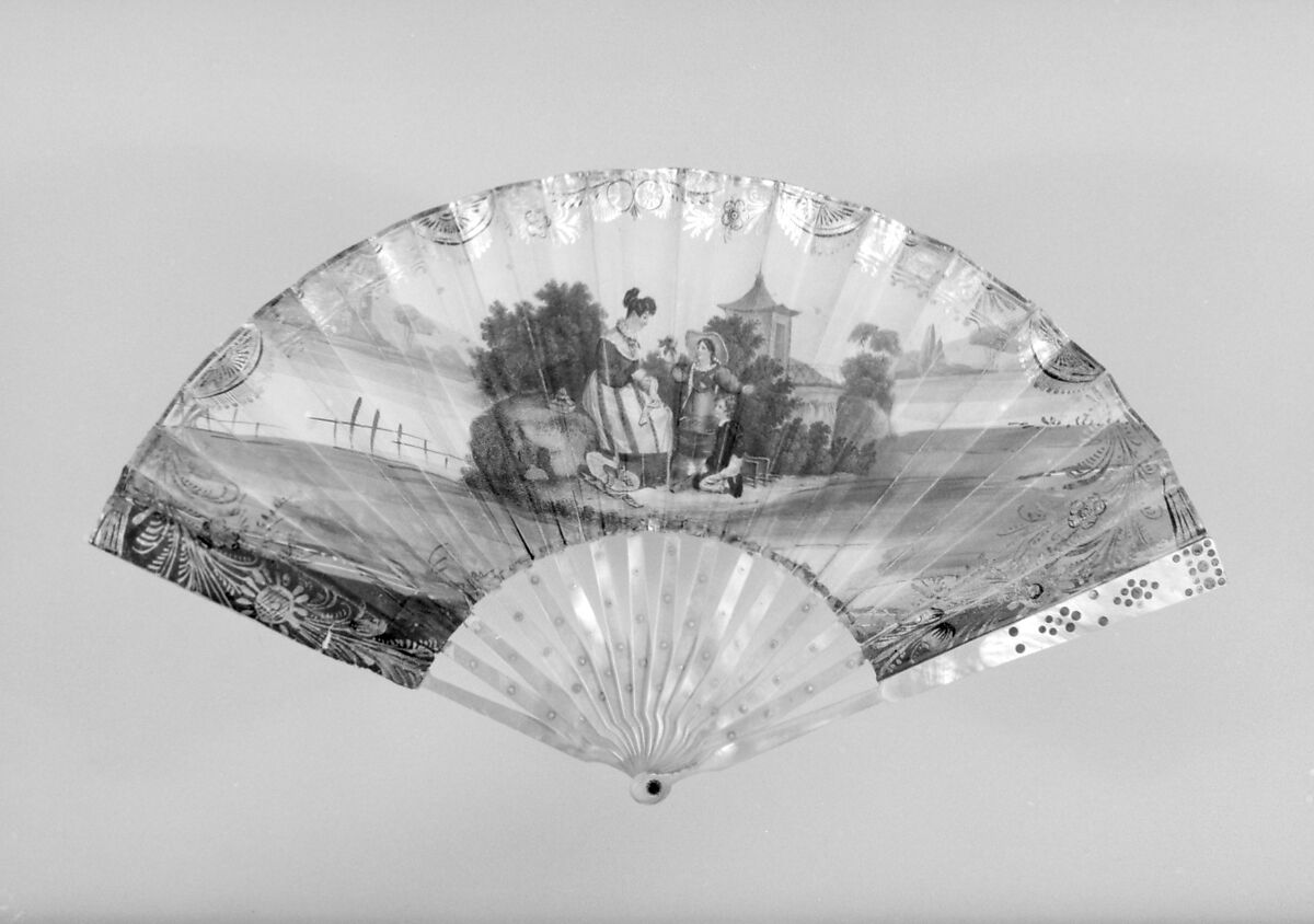 Fan, Paper, paint, gilt, mother-of-pearl, steel, glass, French