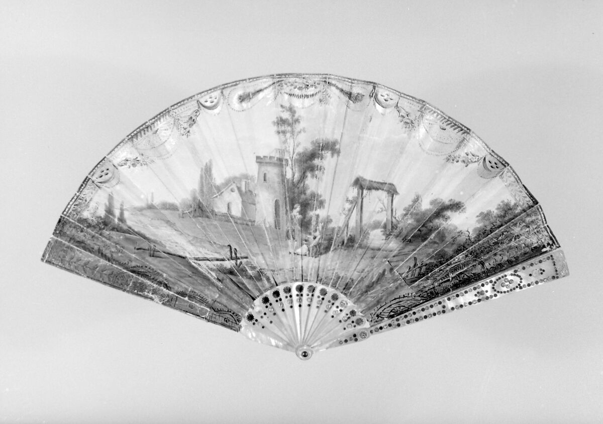 Fan, Parchment, paper, paint, gilt, mother-of-pearl, gold, silver, turquoise, metal, French 