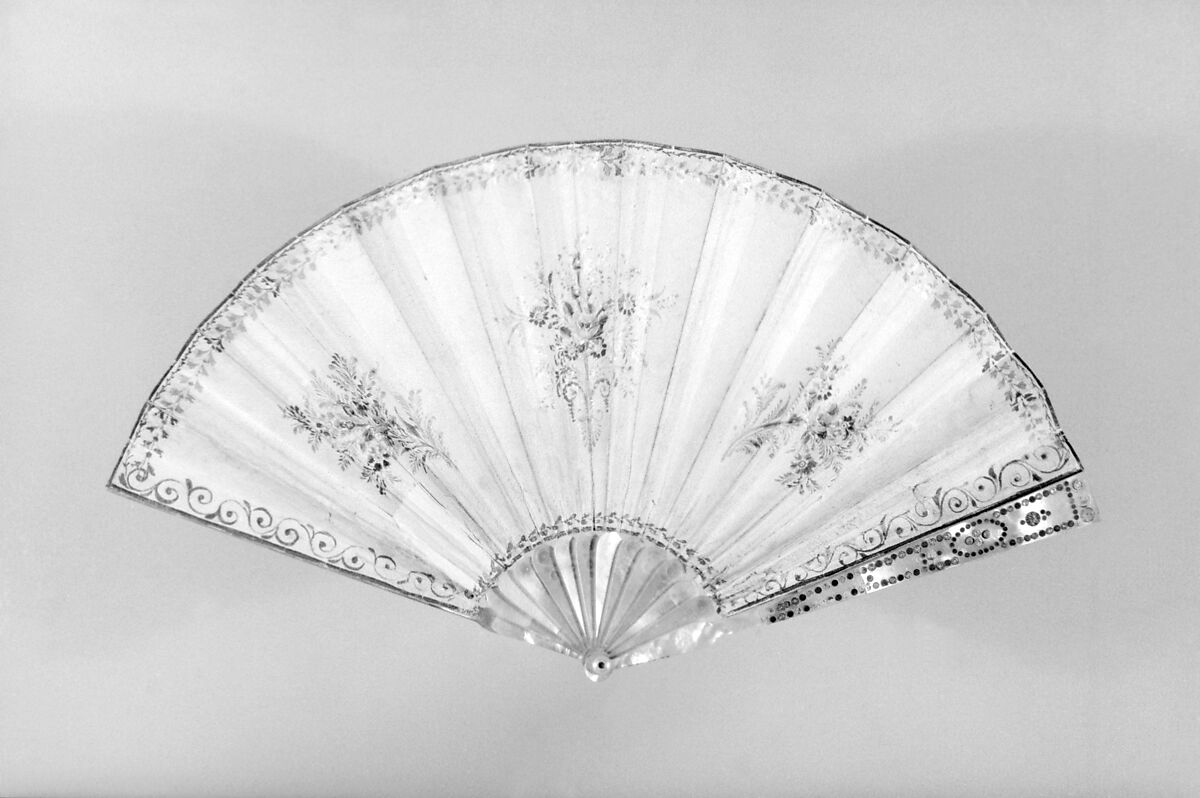 Fan, Parchment, paper, paint, gilt, mother-of-pearl, gold, silver, turquoise, metal, French