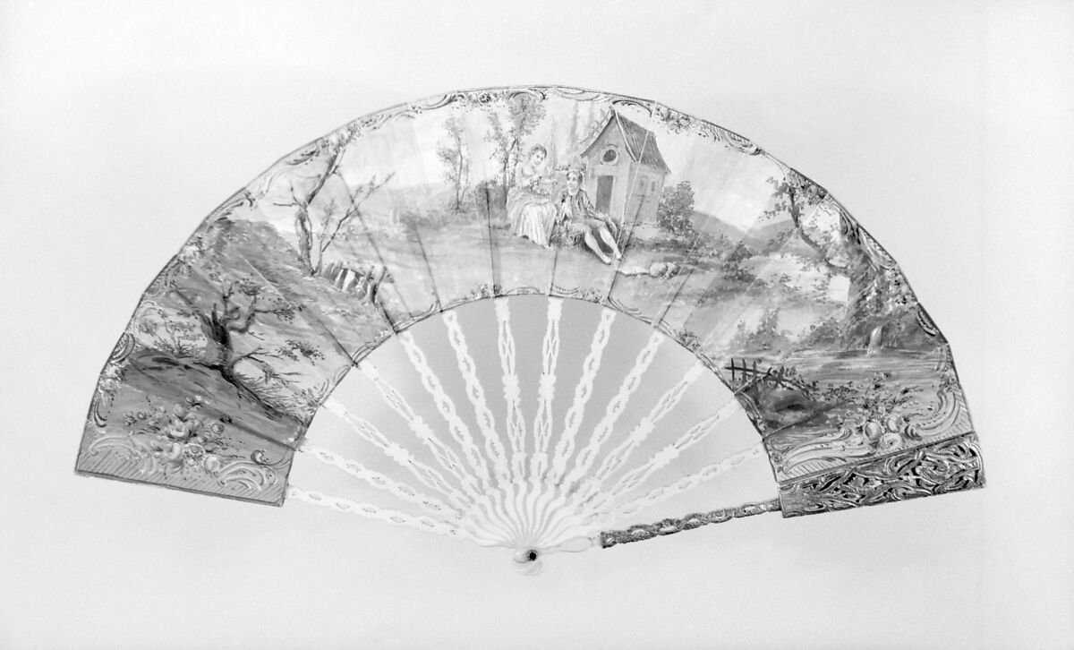 Fan, Parchment, paper, ivory, gilt, glass, French