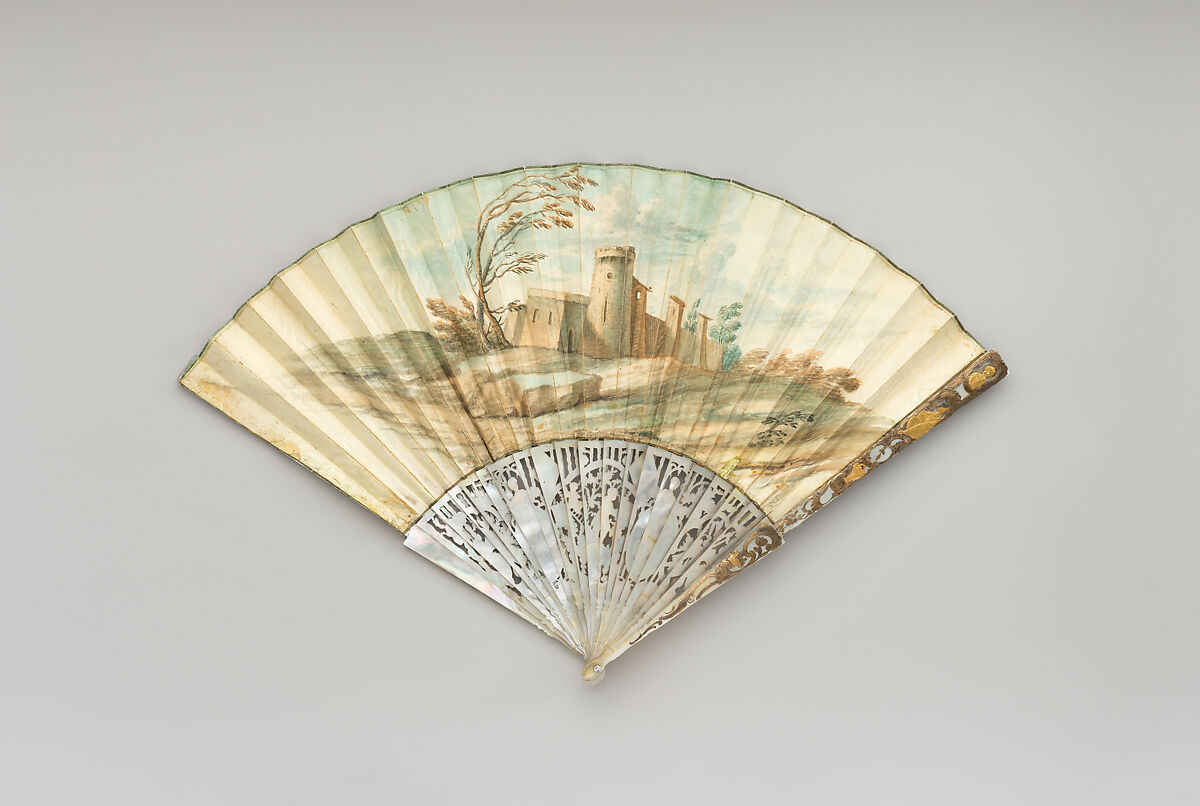 Fan, Parchment, paint, mother-of-pearl, gold, silver, glass, Italian