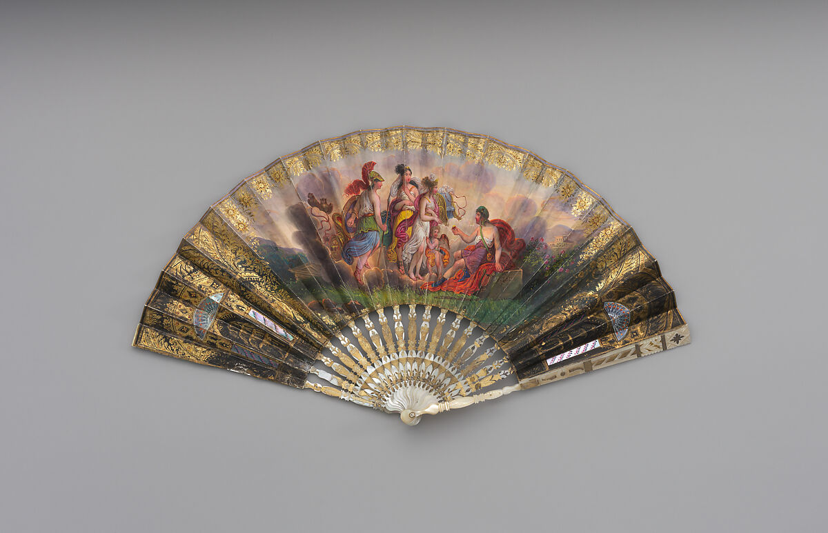 Fan, Paper, paint, gilt, mother-of-pearl, glass, Spanish