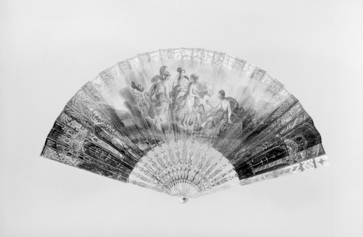 Fan, Paper, paint, gilt, mother-of-pearl, glass, Spanish 