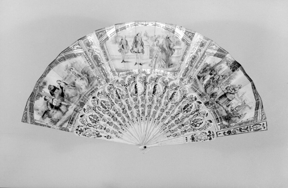 Fan, Paper, ivory, glass, paint, gold gilt, French 