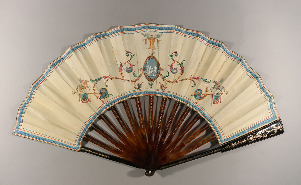 Folding Fan with representations of Pompeii and the 1786 eruption of Vesuvius, Gouache on parchment; tortoiseshell, gilt metal, glass, Italian