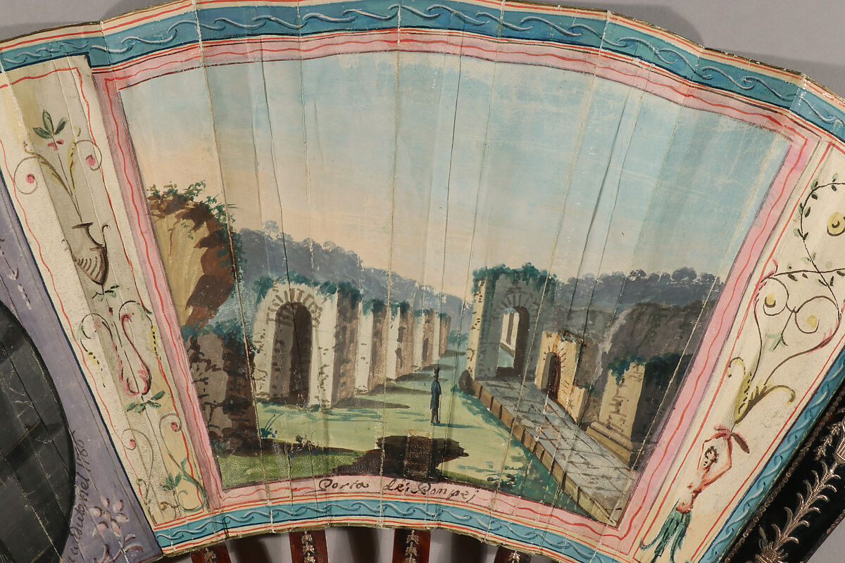 Folding Fan with representations of Pompeii and the 1786 eruption of Vesuvius, Gouache on parchment; tortoiseshell, gilt metal, glass, Italian