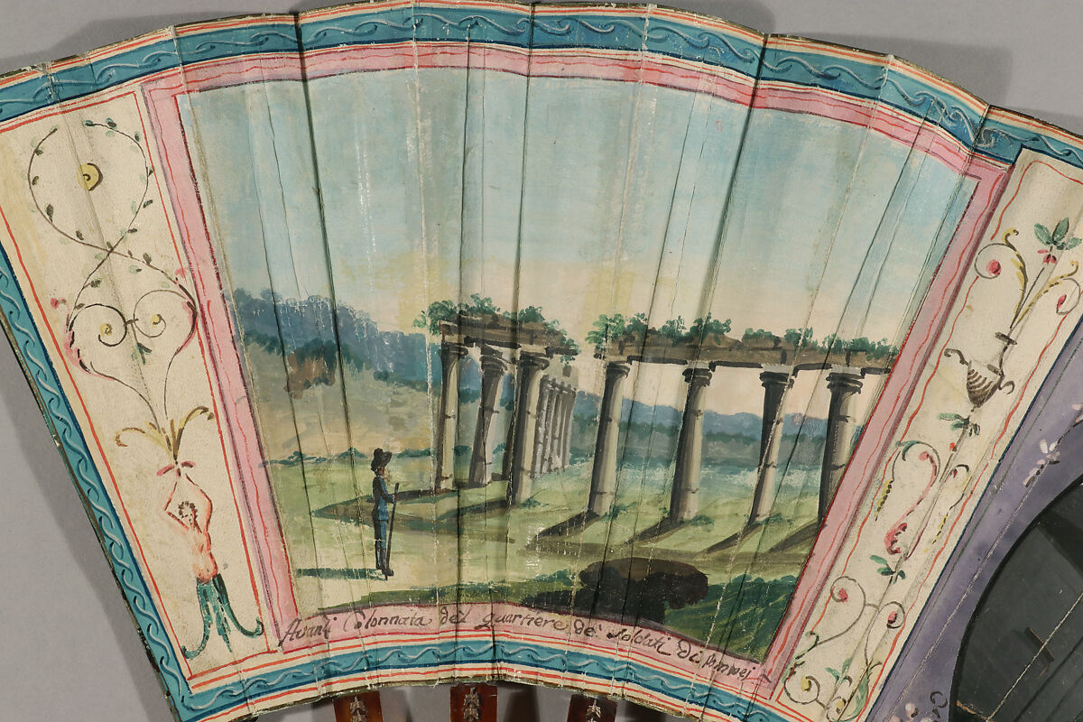 Folding Fan with representations of Pompeii and the 1786 eruption of Vesuvius, Gouache on parchment; tortoiseshell, gilt metal, glass, Italian