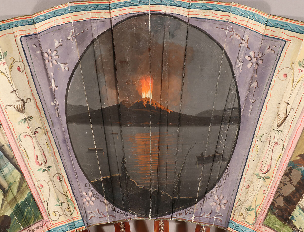 Folding Fan with representations of Pompeii and the 1786 eruption of Vesuvius, Gouache on parchment; tortoiseshell, gilt metal, glass, Italian