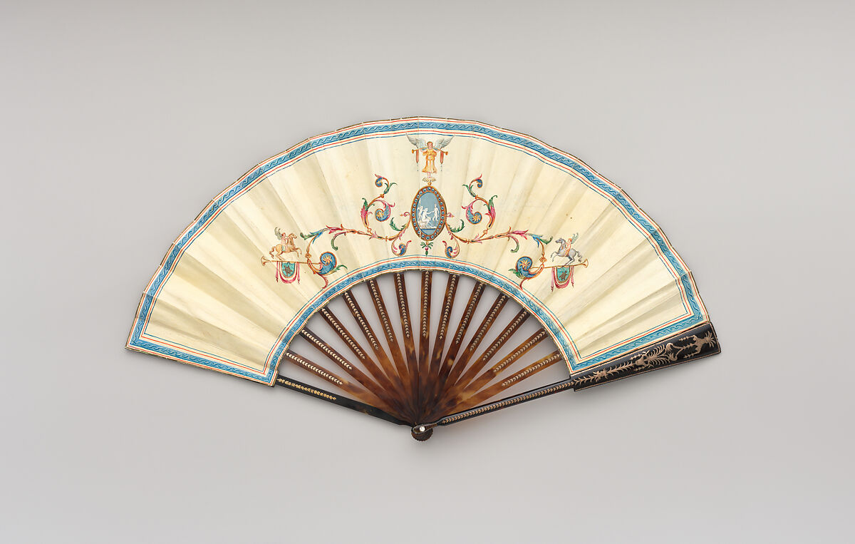 Folding Fan with representations of Pompeii and the 1786 eruption of Vesuvius, Gouache on parchment; tortoiseshell, gilt metal, glass, Italian