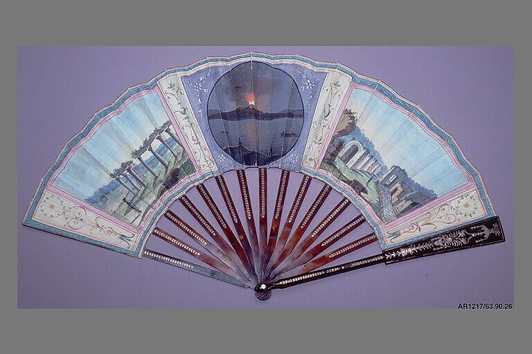 Folding Fan with Representations of Pompeii and the 1786 Eruption of Vesuvius, Parchment, paint, tortoiseshell, gilt metal, glass, Italian
