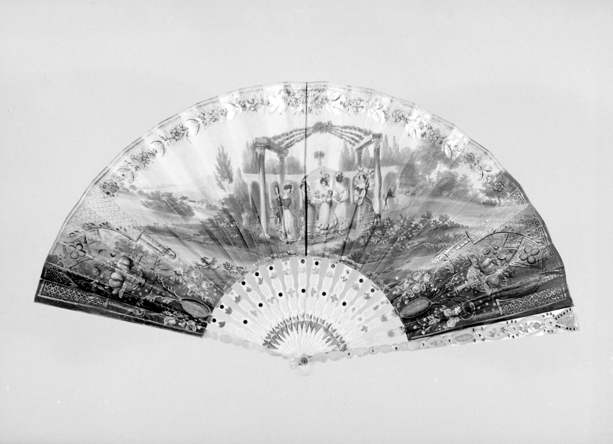 Fan, Paper, ivory, gold and silver gilt, mother-of-pearl, gold foil, glass, French 