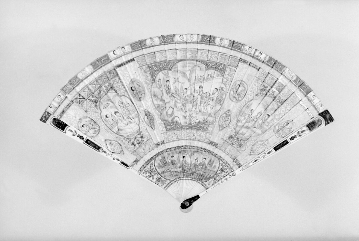 Fan, Ivory, paint, gilt, metal, tortoiseshell, mother-of-pearl, paper, glass, French
