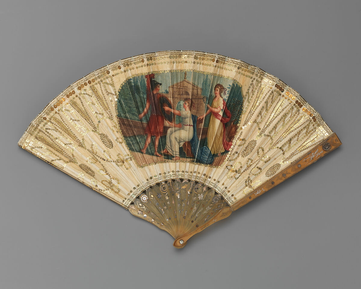 Fan, Painted and embroidered silk, metal paillettes, parchment; gilded horn; metal, glass, British 
