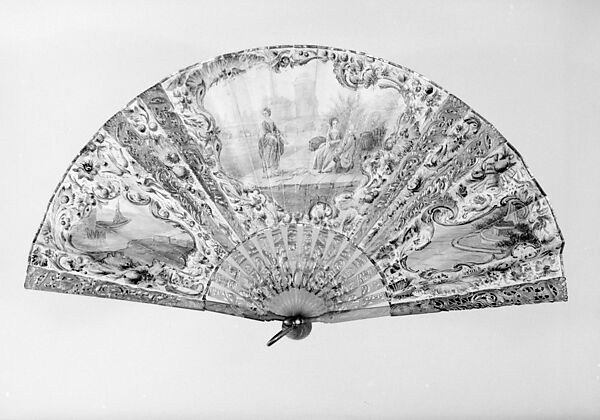 Fan, Painted by Dauryf (?), Parchment, silk, imitation tortoiseshell, gilt, glass, metal, French 