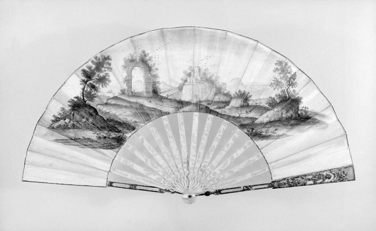 Fan, Parchment, ivory, gold, silver, glass, possibly German 