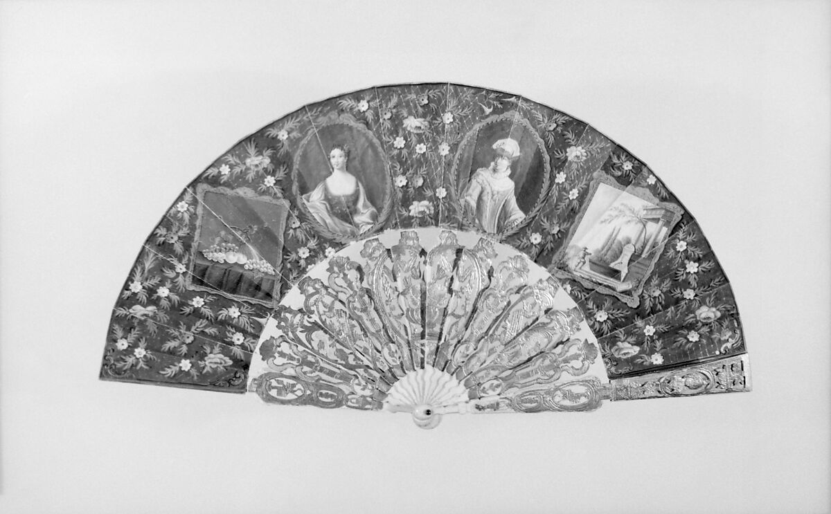 Fan, Parchment, paper, paint, ivory, gilt, glass, Italian 