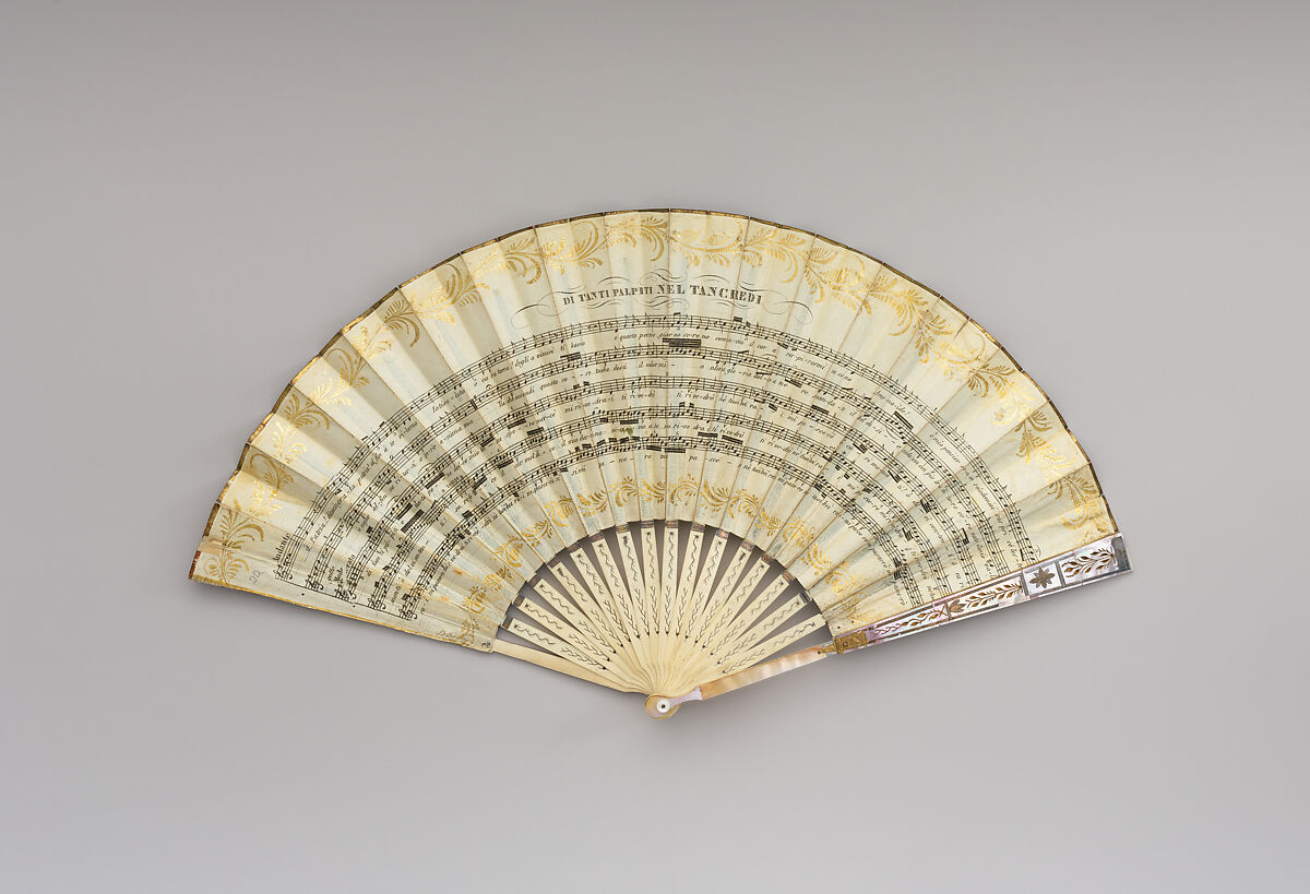 Fan with depiction of soprano Giuditta Pasta and music of "Di Tanti Palpiti" from "Tancredi" by Rossini, Parchment, paper, paint, gilt, ivory, mother-of-pearl, foil, metal, Italian