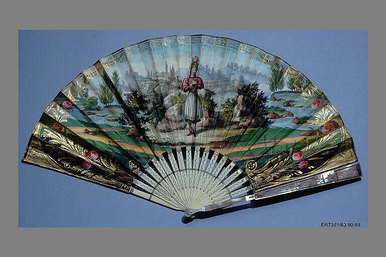 Fan, Parchment, paper, paint, gilt, ivory, mother-of-pearl, foil, metal, Italian 