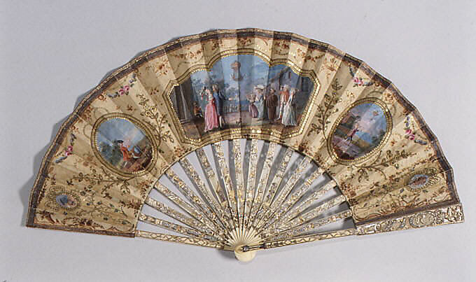 Fan, Silk, parchment and ivory, gold thread, silver, glass, French 
