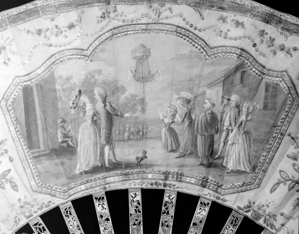 Fan, Silk, parchment and ivory, gold thread, silver, glass, French