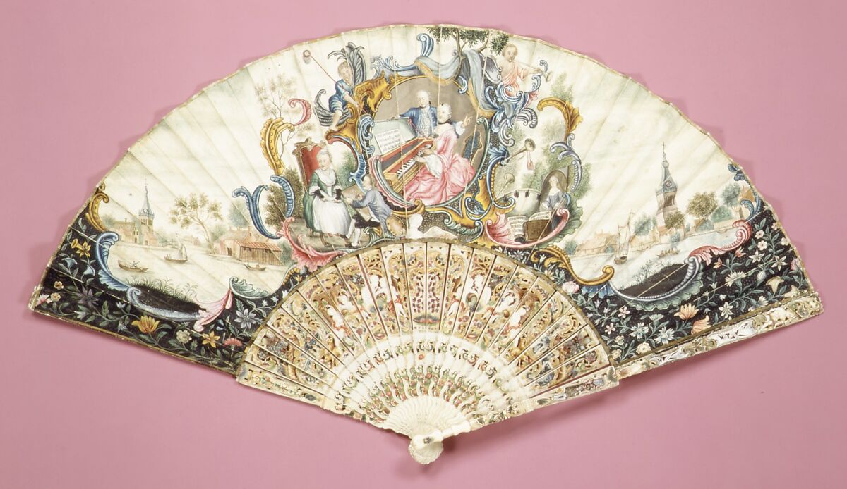 Fan, Paper, ivory, mother-of-pearl, paint, gilt, glass, German 