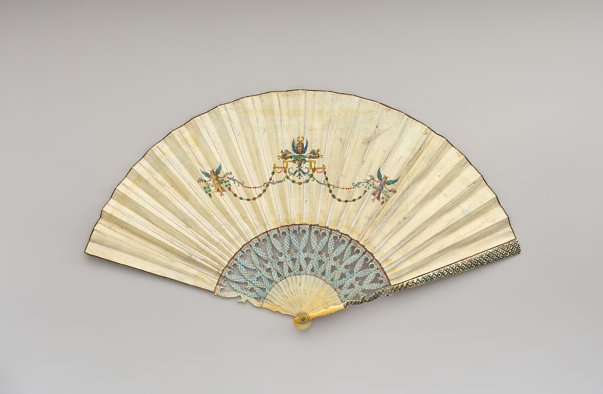 Fan with representation of eruption of Vesuvius, Parchment, ivory and mother-of-pearl, Italian