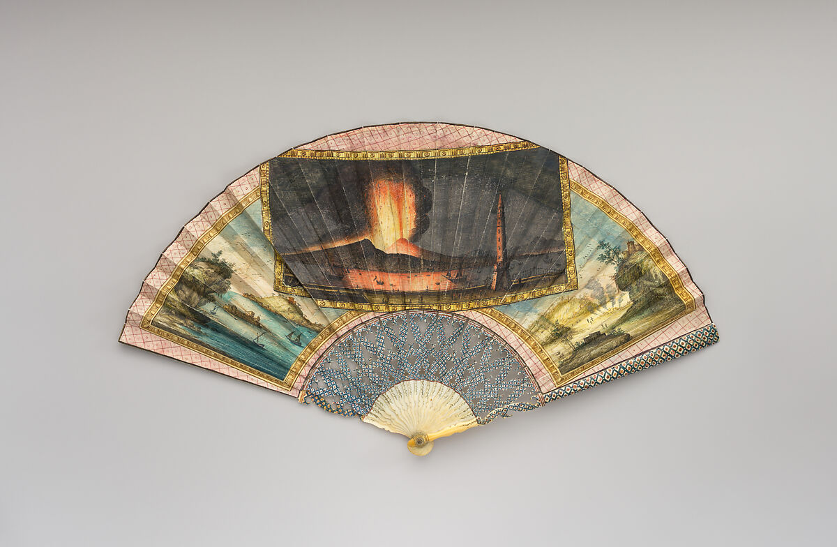 Fan with representation of eruption of Vesuvius, Parchment, ivory and mother-of-pearl, Italian