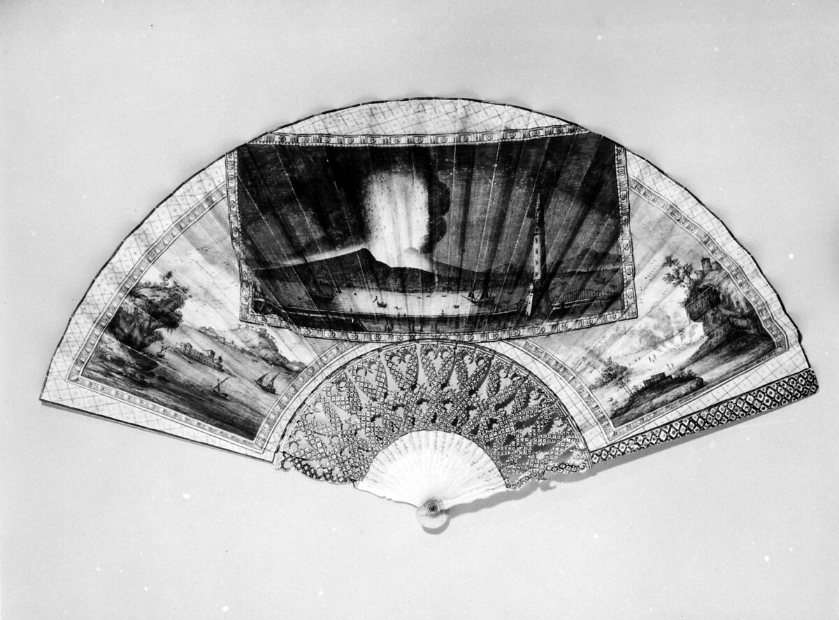 Fan with representation of eruption of Vesuvius, Parchment, ivory and mother-of-pearl, Italian