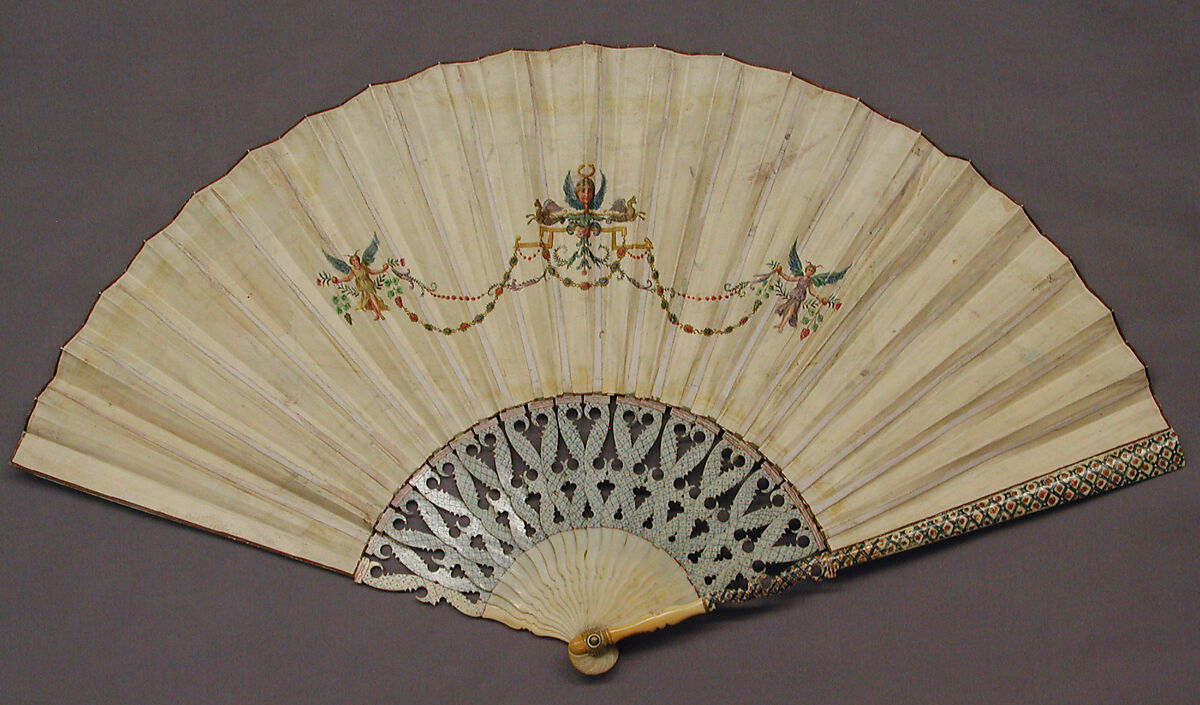 Fan with representation of eruption of Vesuvius, Parchment, ivory and mother-of-pearl, Italian