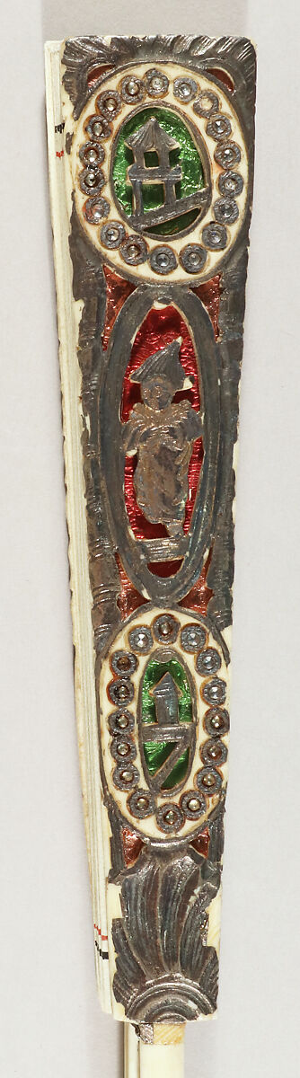 Fan, Parchment, paint, ivory, silver, colored foil, glass, metal, Italian