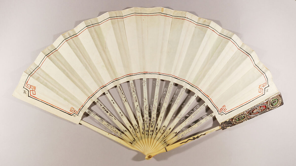 Fan, Parchment, paint, ivory, silver, colored foil, glass, metal, Italian