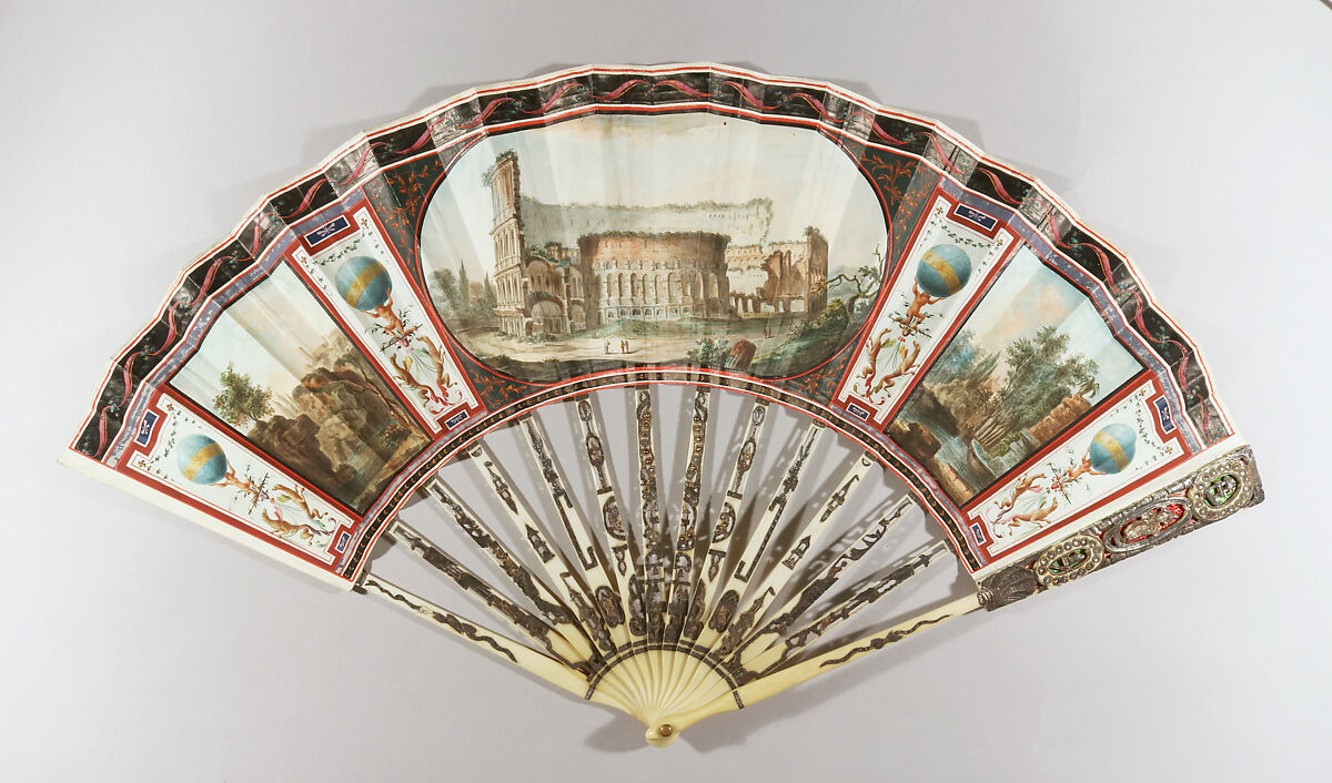 Fan, Parchment, paint, ivory, silver, colored foil, glass, metal, Italian