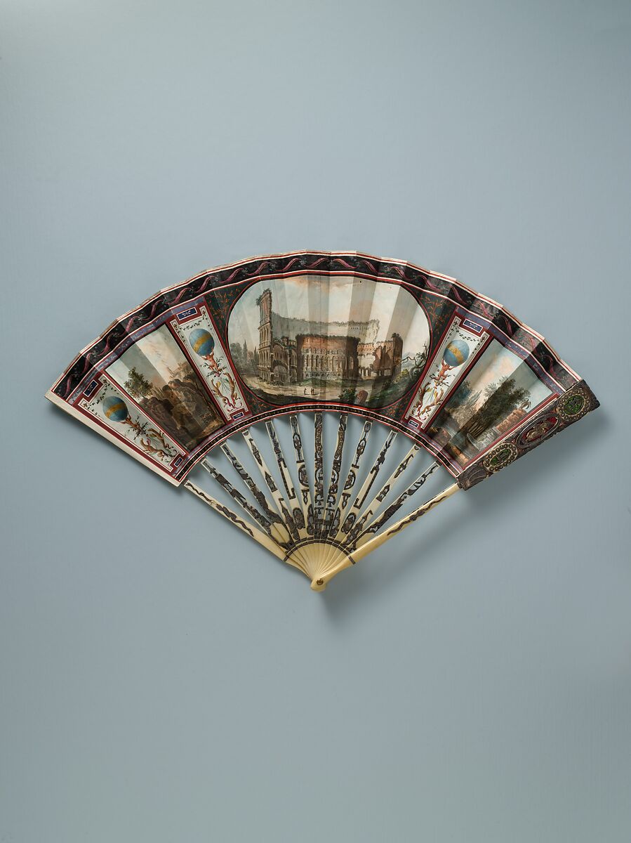 Fan, Parchment, paint, ivory, silver, colored foil, glass, metal, Italian 