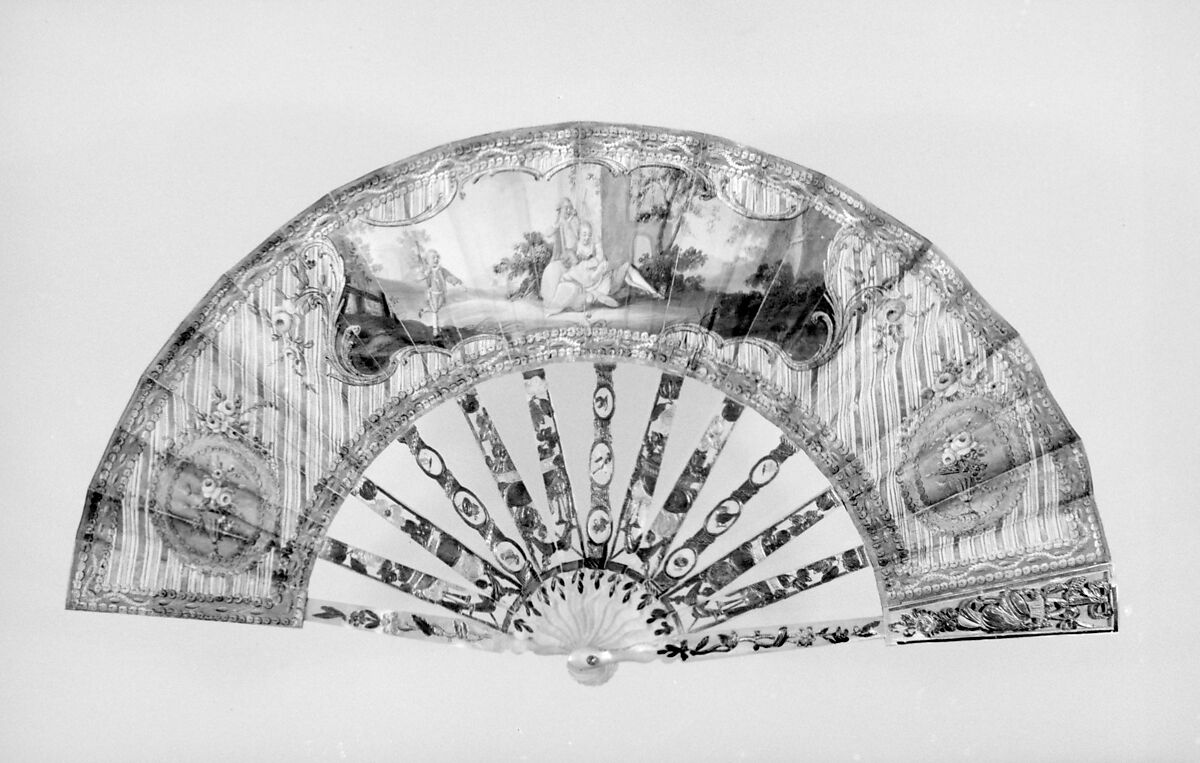 Fan, Paper, mother-of-pearl, gold and silver, glass, French 