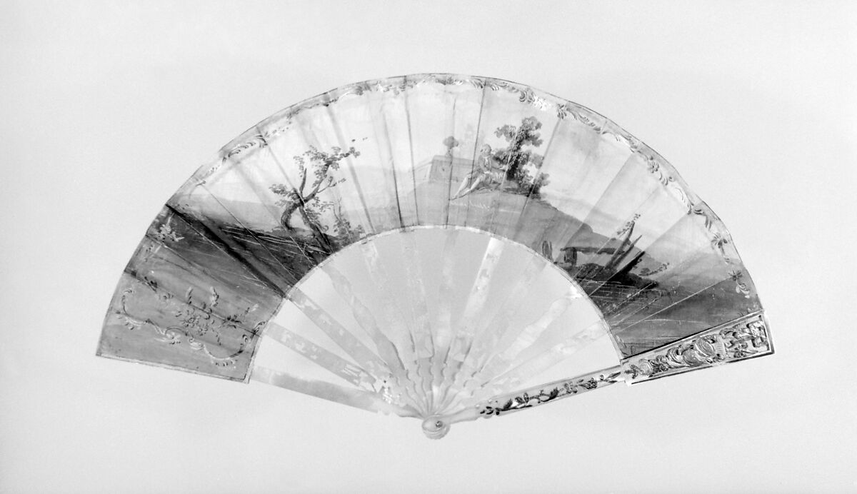 Fan, Paper, mother-of-pearl, gold and silver, glass, French