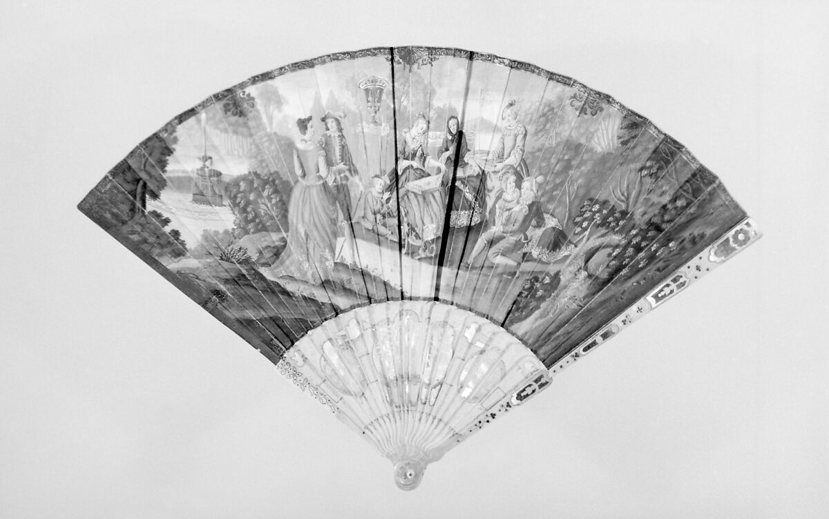 Fan, Paper, paint, ivory, mother-of-pearl, metal, German 