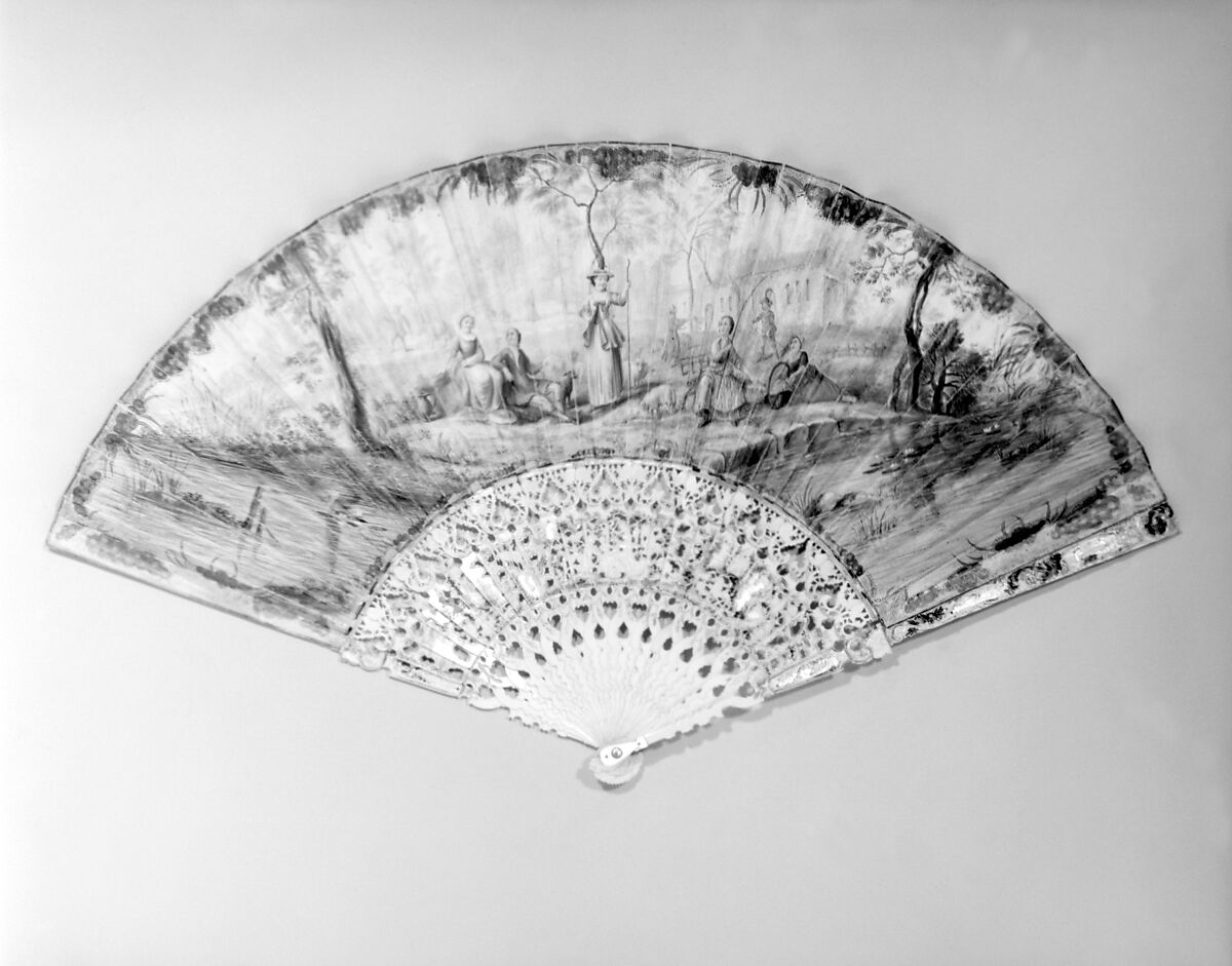 Fan, Paper, ivory, mother-of-pearl and glass, German 