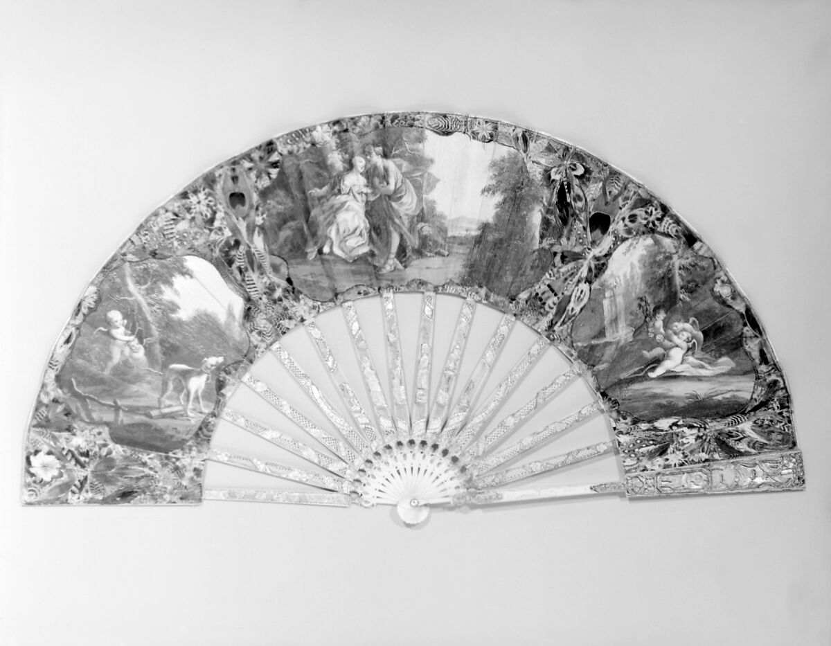 Fan, Paper, feathers, silk, ivory and glass, Dutch