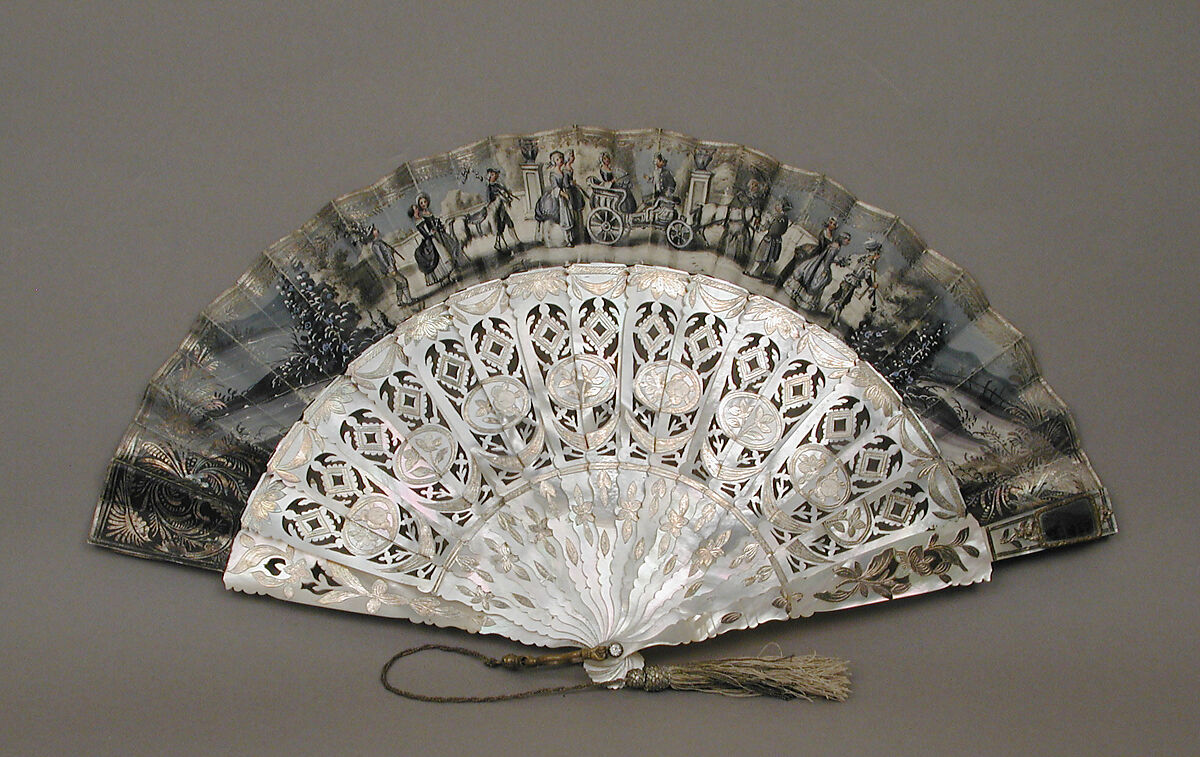 Fan, Paper, paint, mother-of-pearl, silver foil, glass, metal, French 