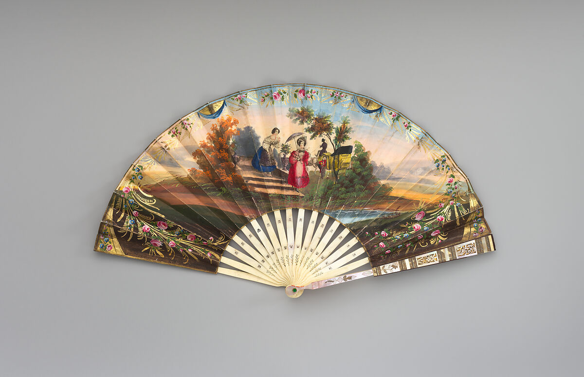 Fan depicting figures in Spanish costumes, Paper, paint, gilt, ivory, mother-of-pearl, glass, Spanish