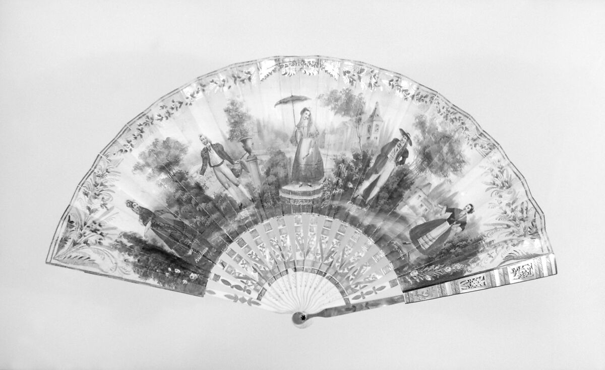 Fan, Paper, paint, gilt, ivory, mother-of-pearl, glass, Spanish 