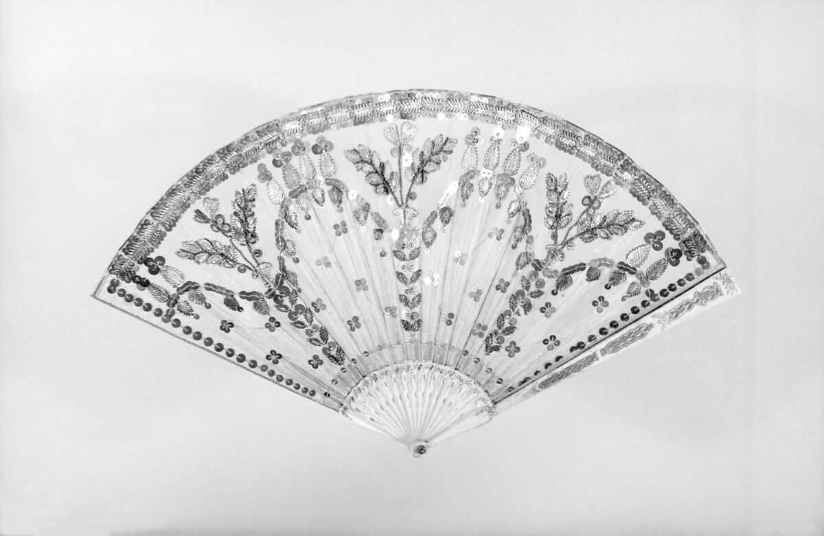 Fan, Silk, paillettes, chenille, gilded fabric, ivory, paint, glass, parchment, French 