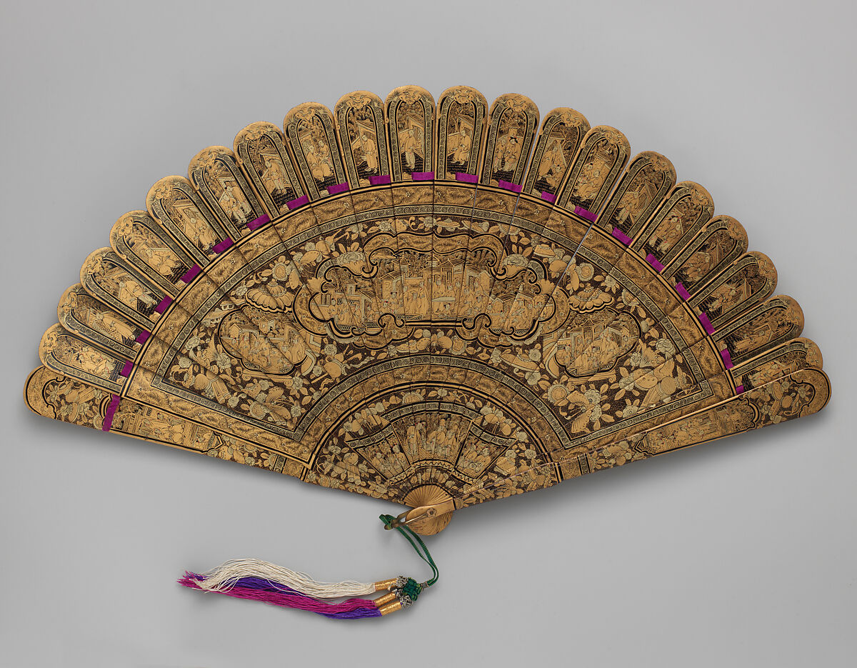 Brisé Fan, with Figures in Courtyard Gardens, Wood, Chinese, for the European Market 