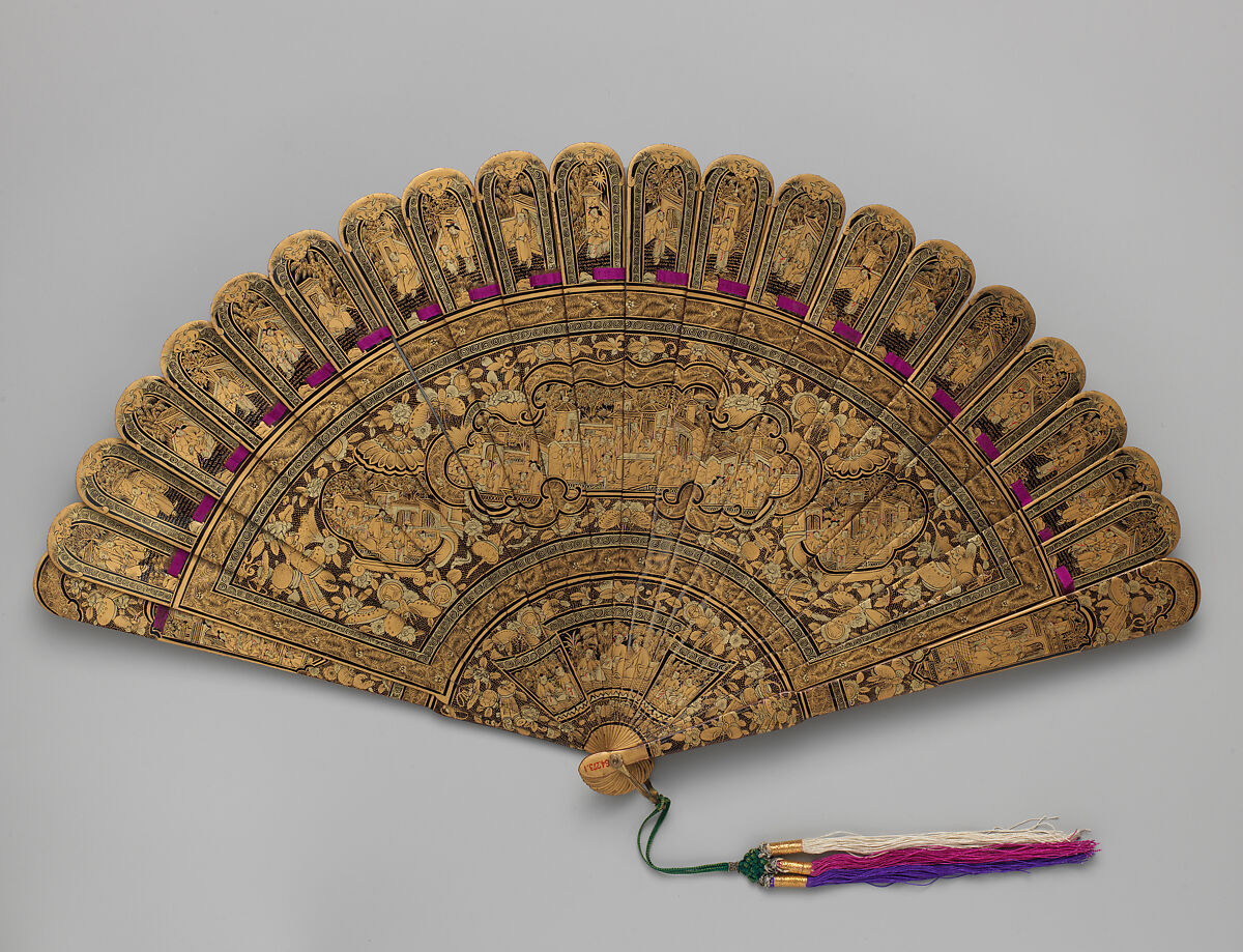 Brisé Fan, with Figures in Courtyard Gardens, Wood, Chinese, for the European Market