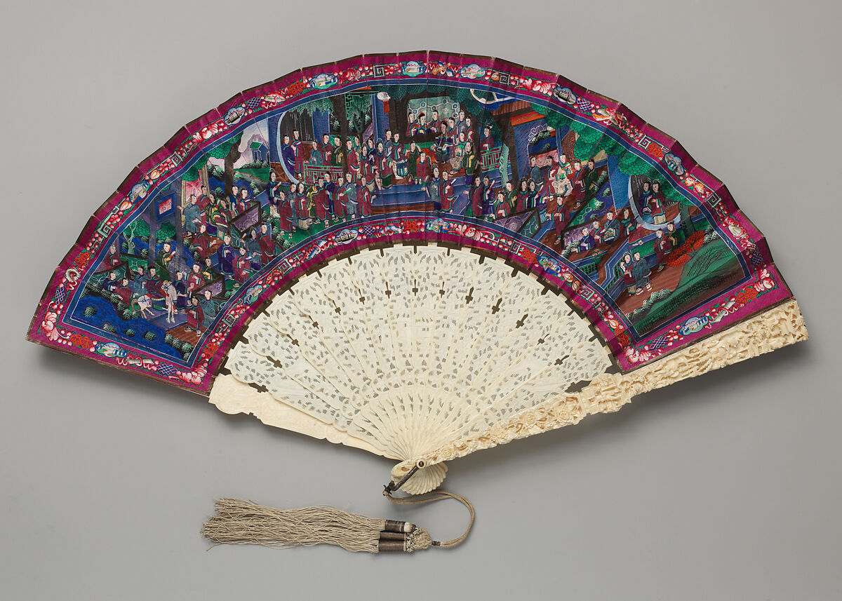 Folding Fan with Scene of Figures in a Courtyard Garden, Paper and ivory, Chinese, for the European Market 